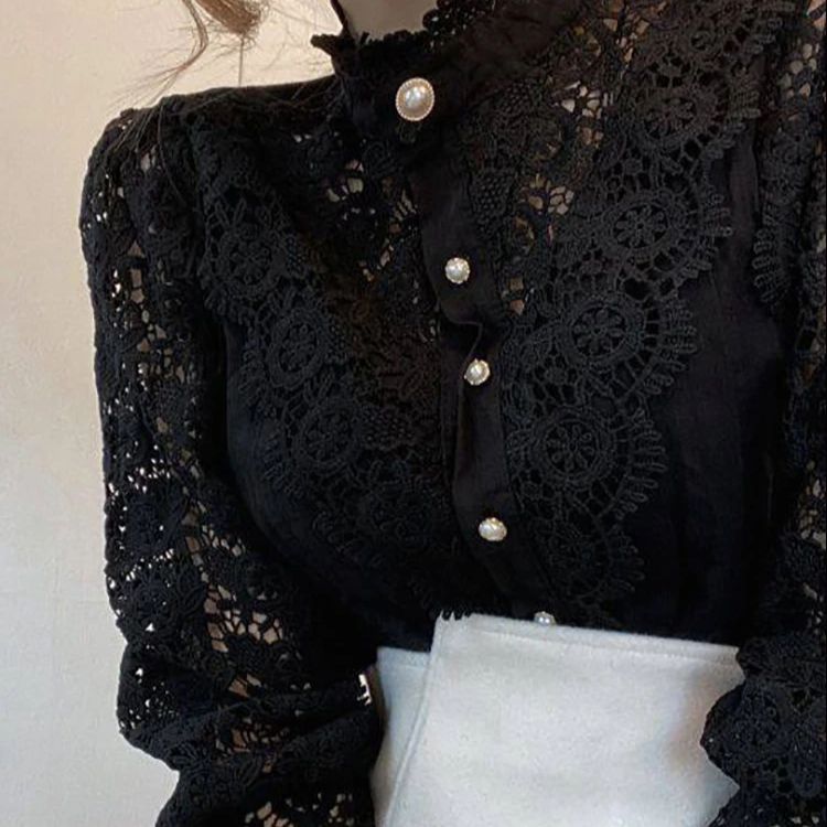 Chic White Chiffon Turtleneck Blouse – Elegant Lace Hollow Long Sleeve Oversized Top for Women