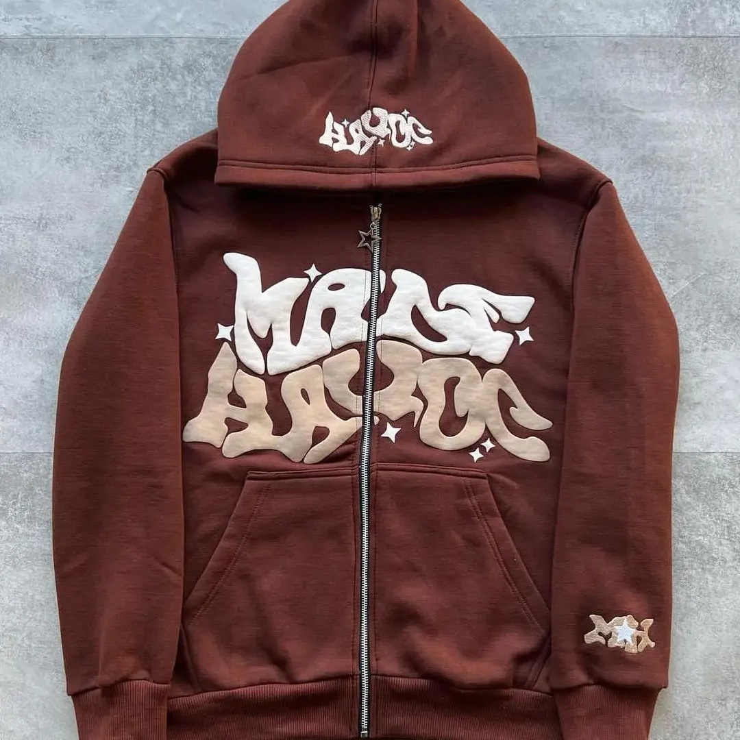 Y2K Star & Letter Print Zip-Up Hoodie – Unisex American Retro Style Thick Hooded Jacket for Spring & Autumn Casual Streetwear