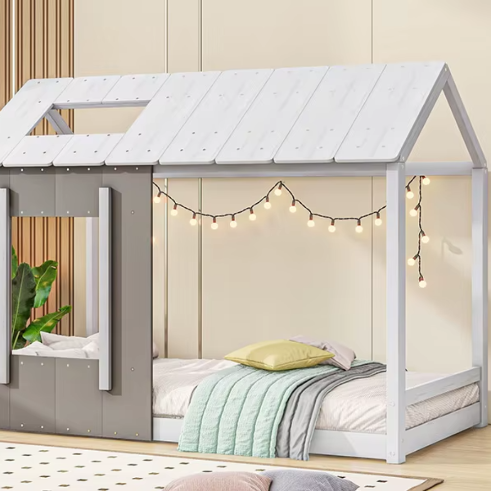 Twin Size Solid Wood Platform Bed with Roof and Window – White & Antique Grey Modern House Design for Kids' Bedroom