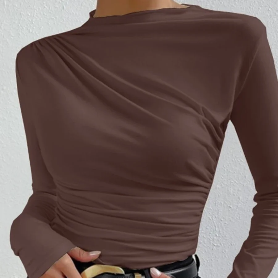 Women's Slim Fit Pleated Long Sleeve T-Shirt – Solid Color Base Layer for Autumn and Winter