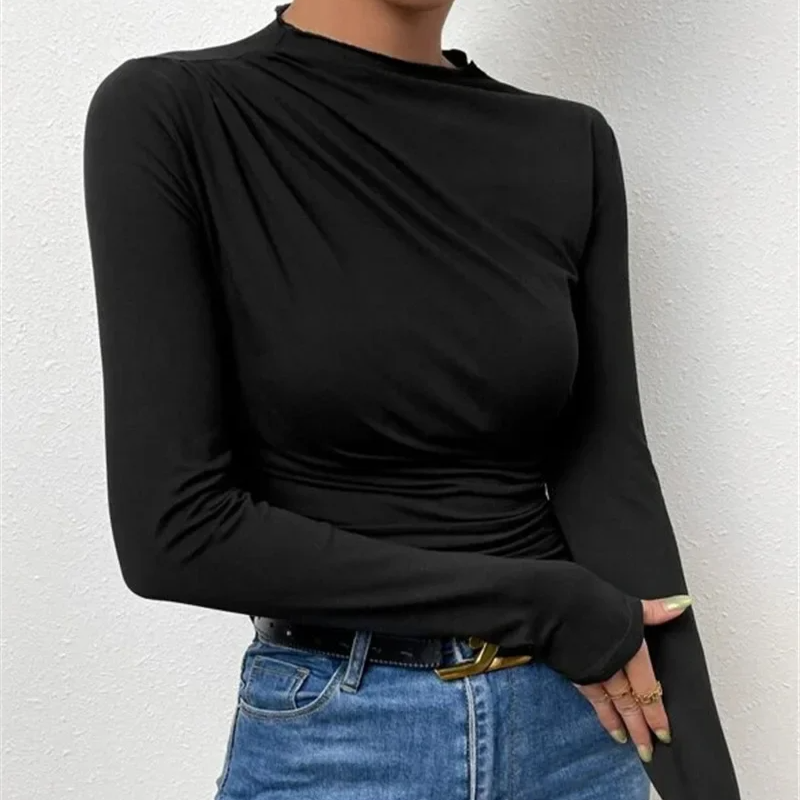 Women's Slim Fit Pleated Long Sleeve T-Shirt – Solid Color Base Layer for Autumn and Winter