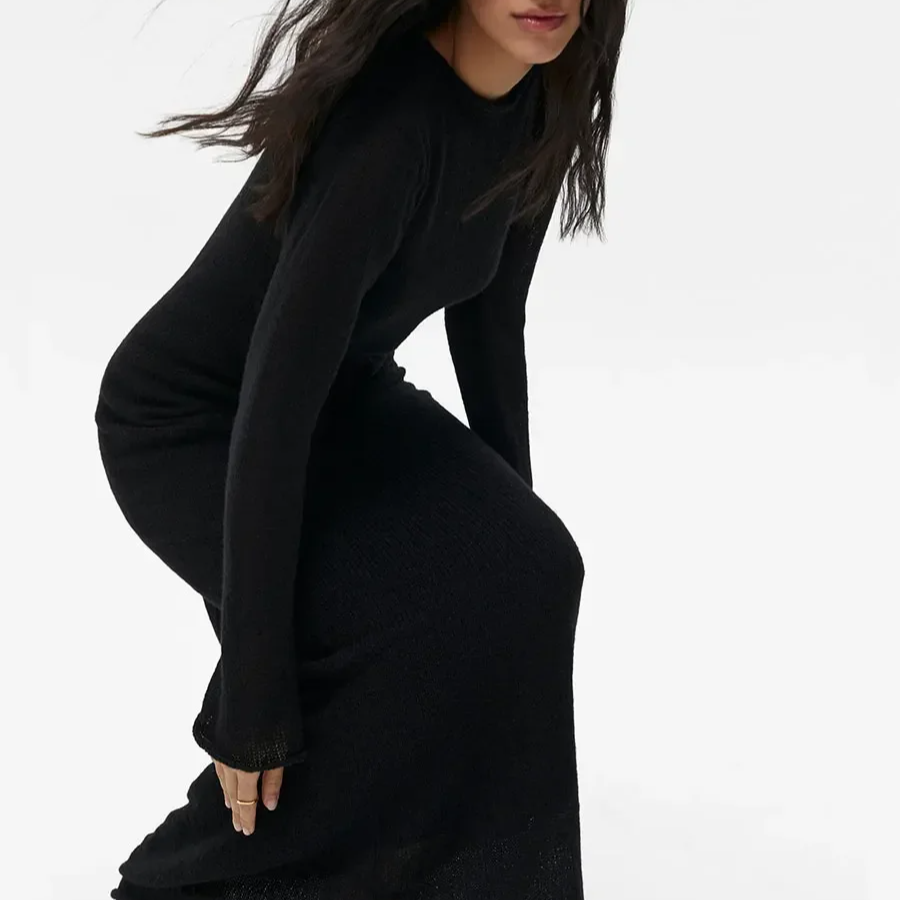 Chic Knitted Two-Piece Dress Set for Women – Long O-Neck Sweater & Camisole Skirt Ensemble