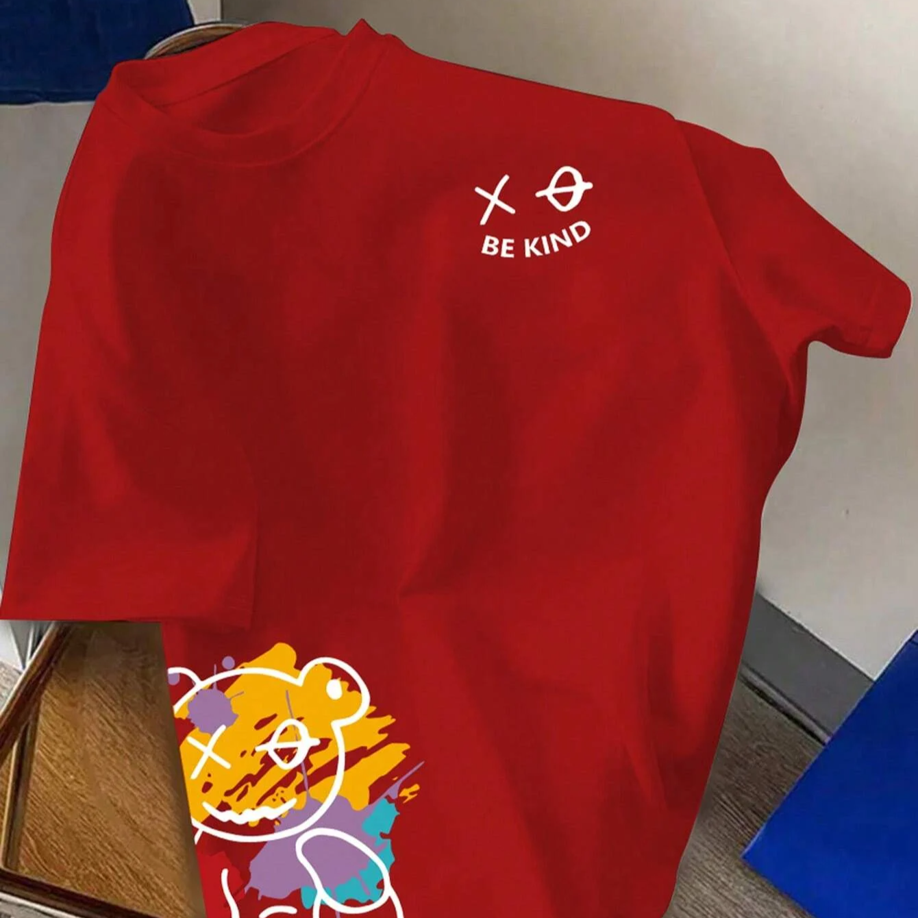 BE KIND Letter Cartoon Print Cotton T-Shirt – Men's Loose Fit Summer Short Sleeve Casual Tee
