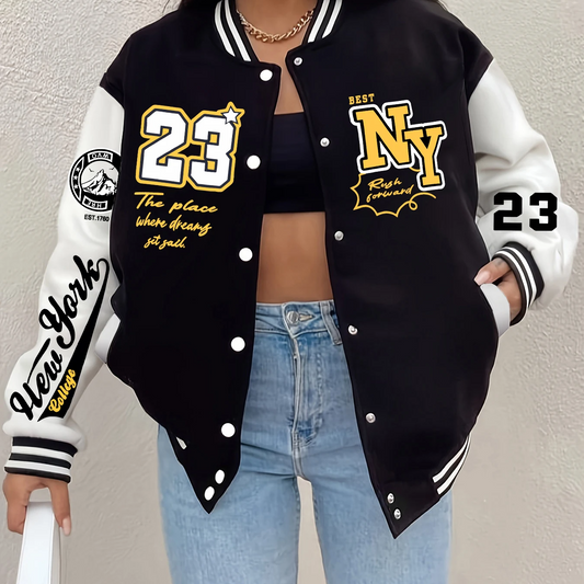 Women’s New York Art Letter Baseball Jacket – Harajuku Fleece Streetwear with Cartoon Print and Button Closure