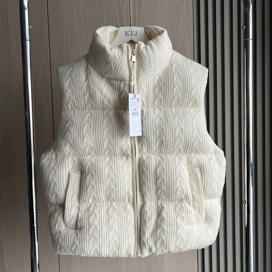 Thick Knitted Cotton Vest – Women's Sleeveless Zipper Puffer Gilet with Standing Collar