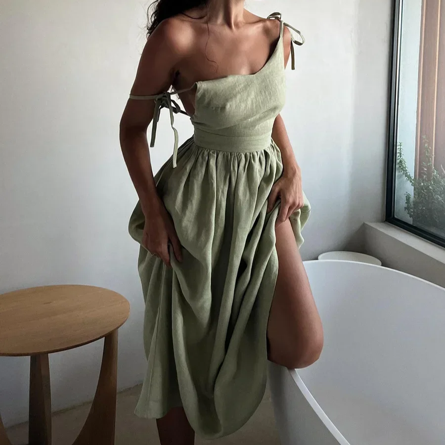 Women's V-Neck Cotton A-Line Beach Dress – Sleeveless Vintage Fit and Flare Sling Dress for Spring and Summer
