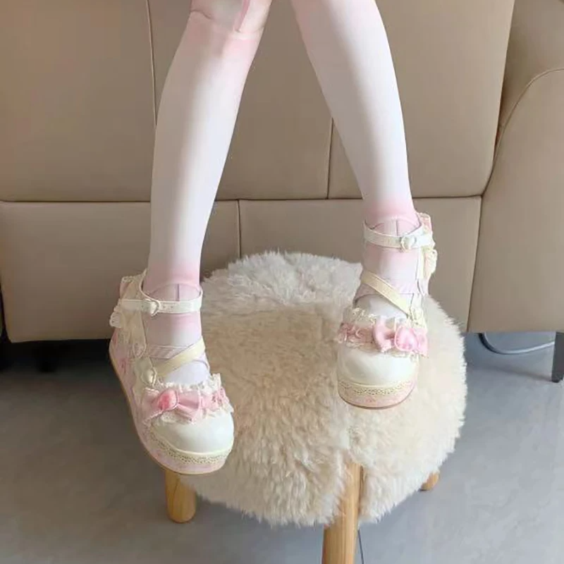 Sweet Lolita Platform Mary Jane Shoes – Strawberry Bow Lace Flats for Girls and Students