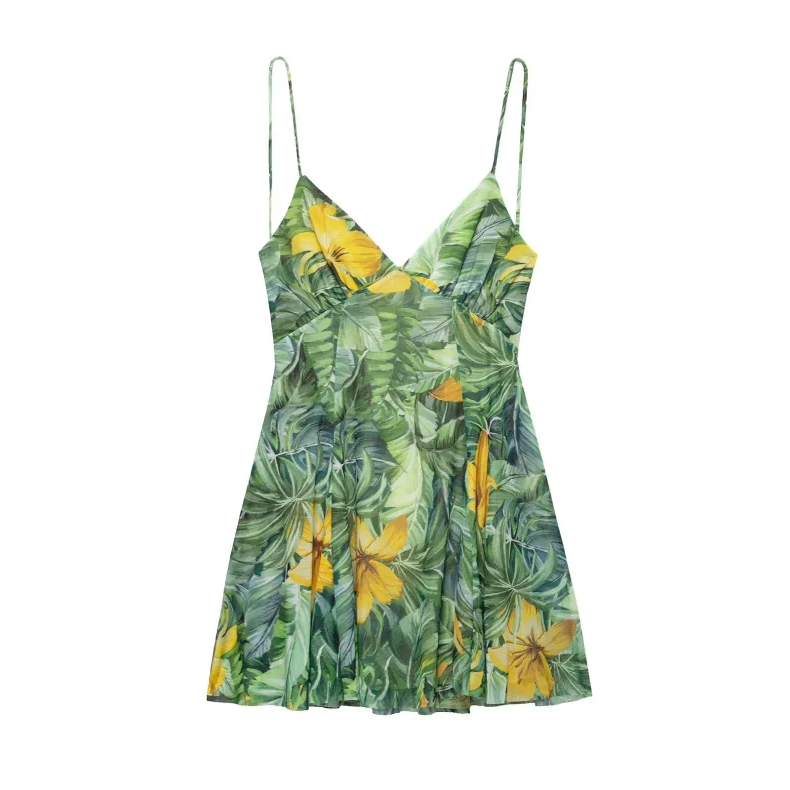 Women's Printed Silk Mesh Halter Dress – Sexy V-Neck Mini Vacation Dress