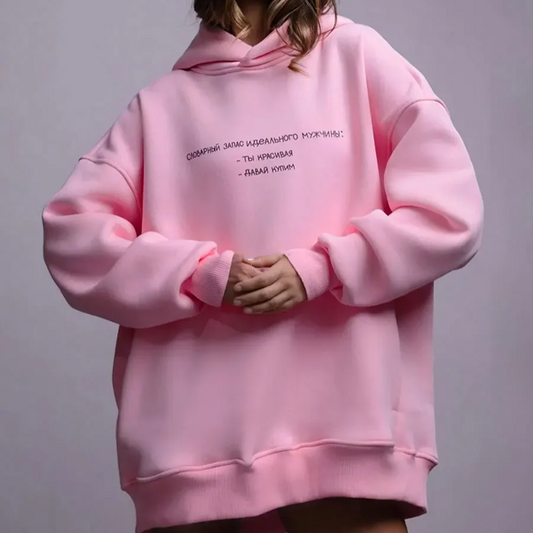 Women's Oversized Retro Print Hoodie – Warm Fleece-Lined Pullover Sweatshirt for Autumn and Winter Streetwear