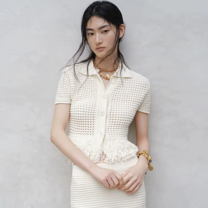 Women's Elegant Knit Two-Piece Set – Tassel Embellished Hollow Out Short Sleeve Blouse & Mini Skirt