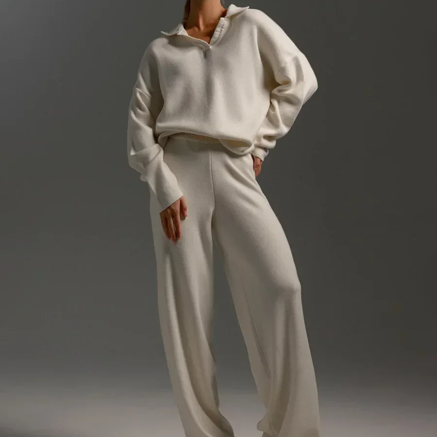 Women's Winter 2-Piece Knit Set – Polo Neck Sweater and Wide Leg Pants Lounge Outfit for Cold Weather