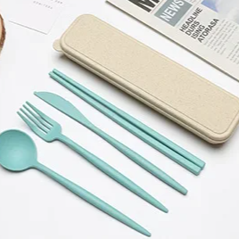 4PCS Portable Wheat Straw Cutlery Set – Spoon, Fork, Chopsticks with Storage Box for Travel & Daily Use
