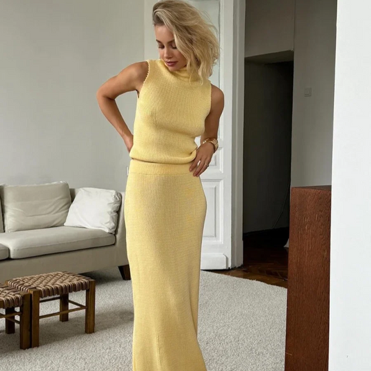 Women's 2-Piece Knitted Vest and Long Skirt Set – Sleeveless Turtleneck Top with Floor-Length Skirt, Solid Color Office Lady Style