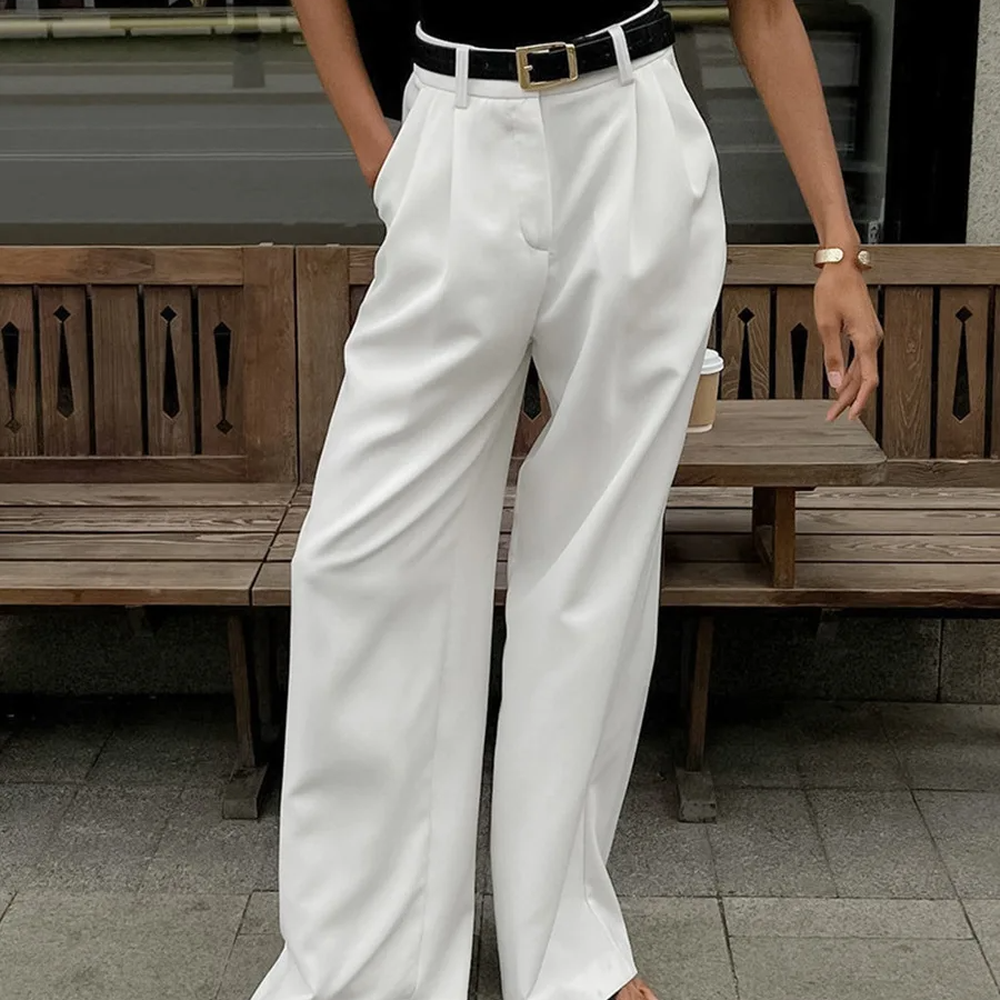 Women's White High-Waist Wide Leg Trousers – Casual Office Style Loose-Fit Pants