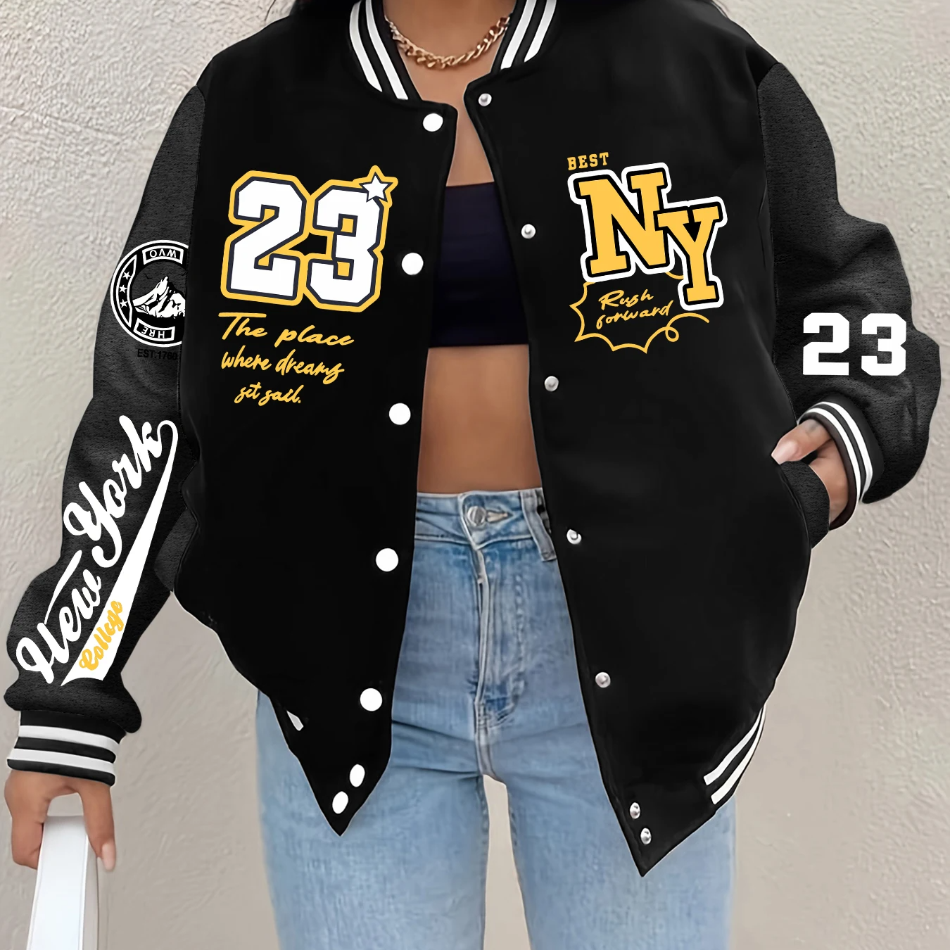 Women’s New York Art Letter Baseball Jacket – Harajuku Fleece Streetwear with Cartoon Print and Button Closure