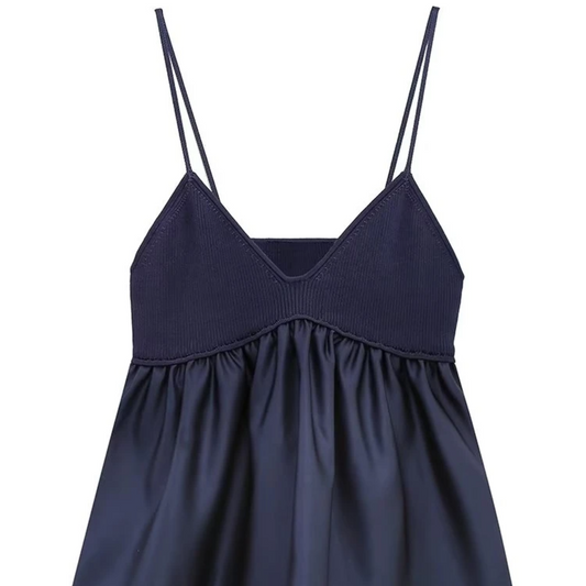 V-Neck Slim Fit Sleeveless Blouse – Knitted Patchwork Hem with Pleated Smock Detail