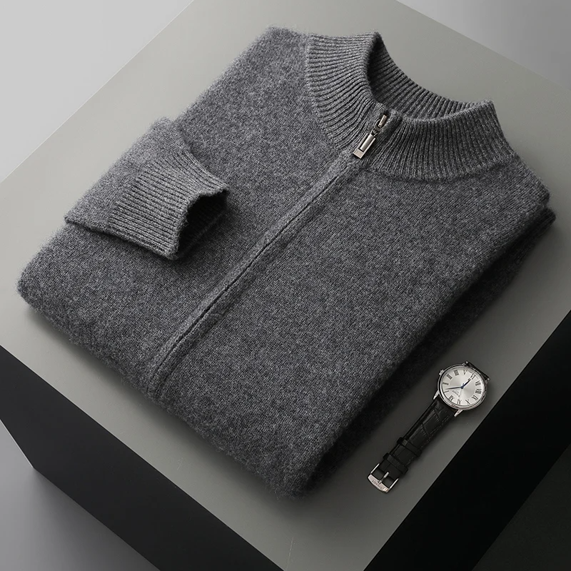 100% Merino Wool Men’s Zip Cardigan – Thick Warm Knitted Sweater with Mock Collar, Long Sleeve Casual Wool Top for Autumn & Winter