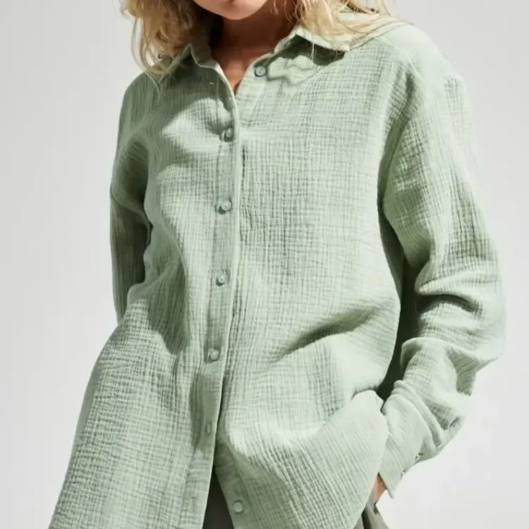 Women's 100% Cotton Long Sleeve Crepe Shirt – Casual Office Style Button-Up Top