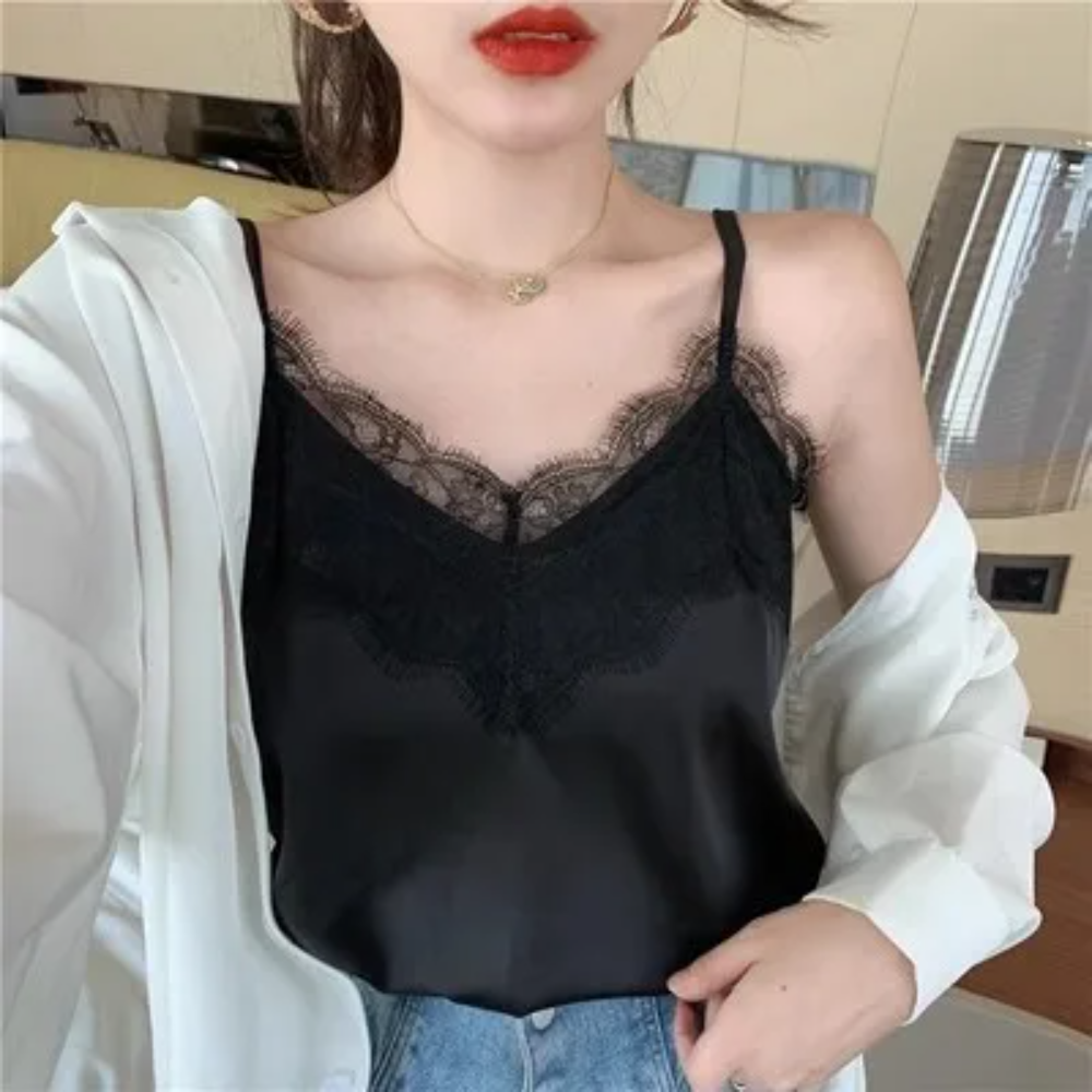 Summer Lace V-Neck Silk Tank Top – Women's Slim Fit Chiffon Camis Blouse for Office or Casual Wear