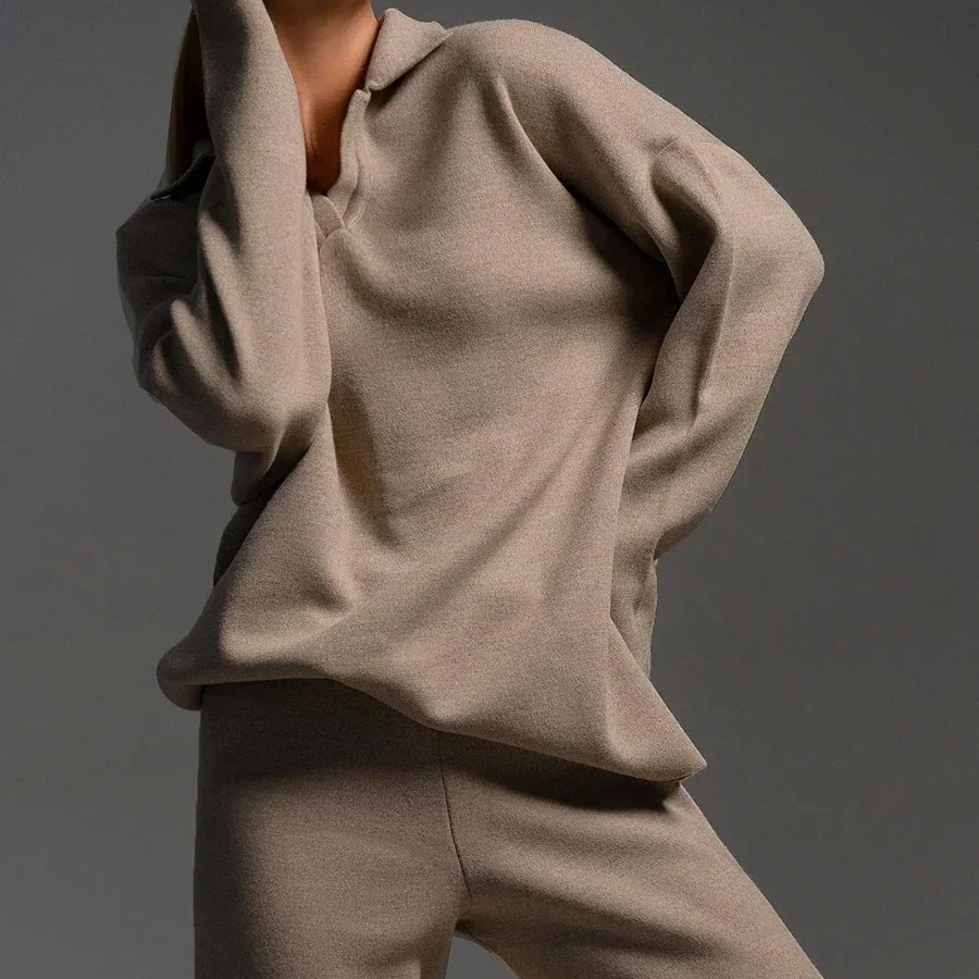 Women's Winter 2-Piece Knit Set – Polo Neck Sweater and Wide Leg Pants Lounge Outfit for Cold Weather