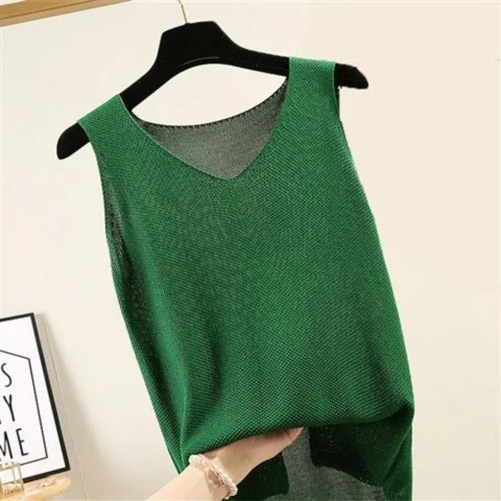 Sleeveless Knitted V-Neck Blouse for Women – Summer Casual Straight-Fit Top