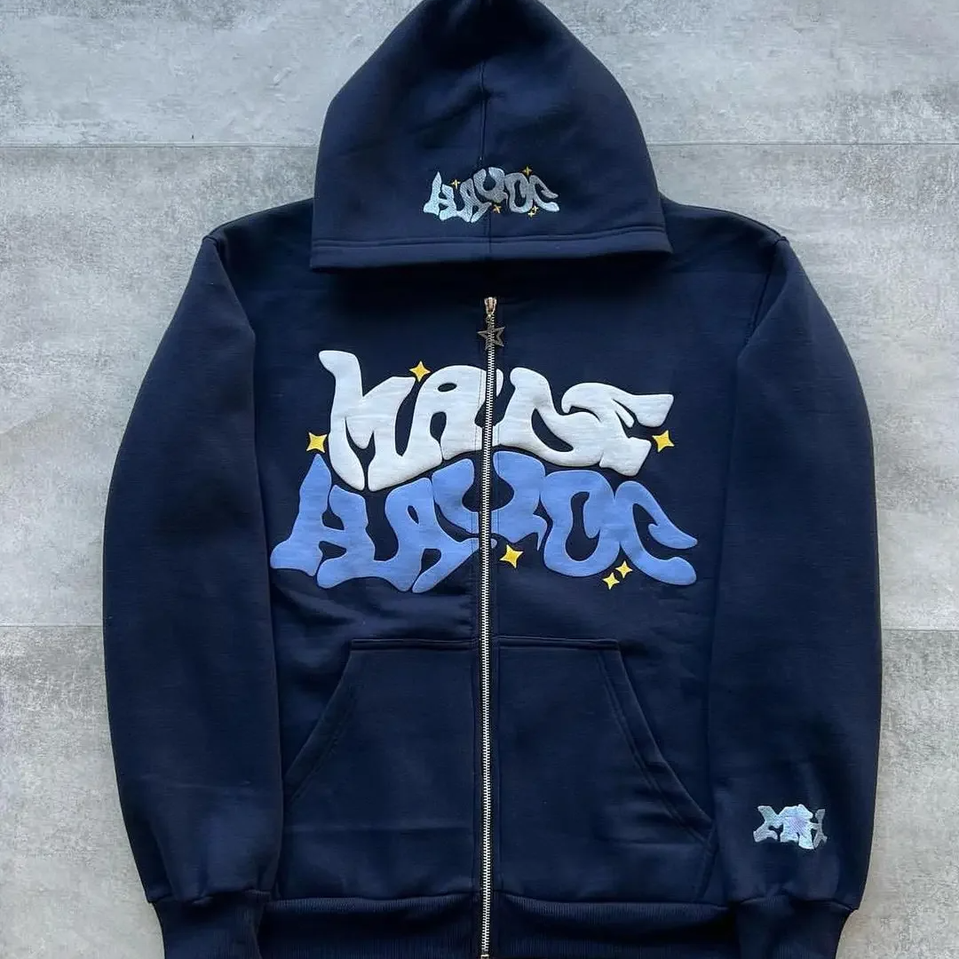 Y2K Star & Letter Print Zip-Up Hoodie – Unisex American Retro Style Thick Hooded Jacket for Spring & Autumn Casual Streetwear