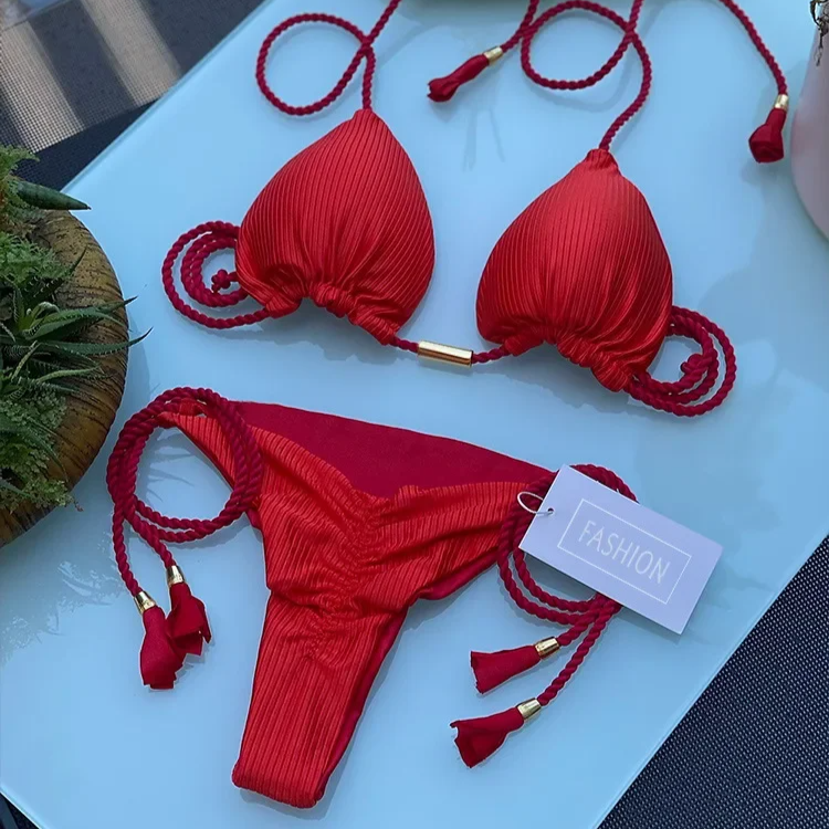 Women’s Solid Color Rope Bikini Set – Multicolor Two-Piece Swimsuit with Special Fabric, Wire-Free Beach Style Swimwear
