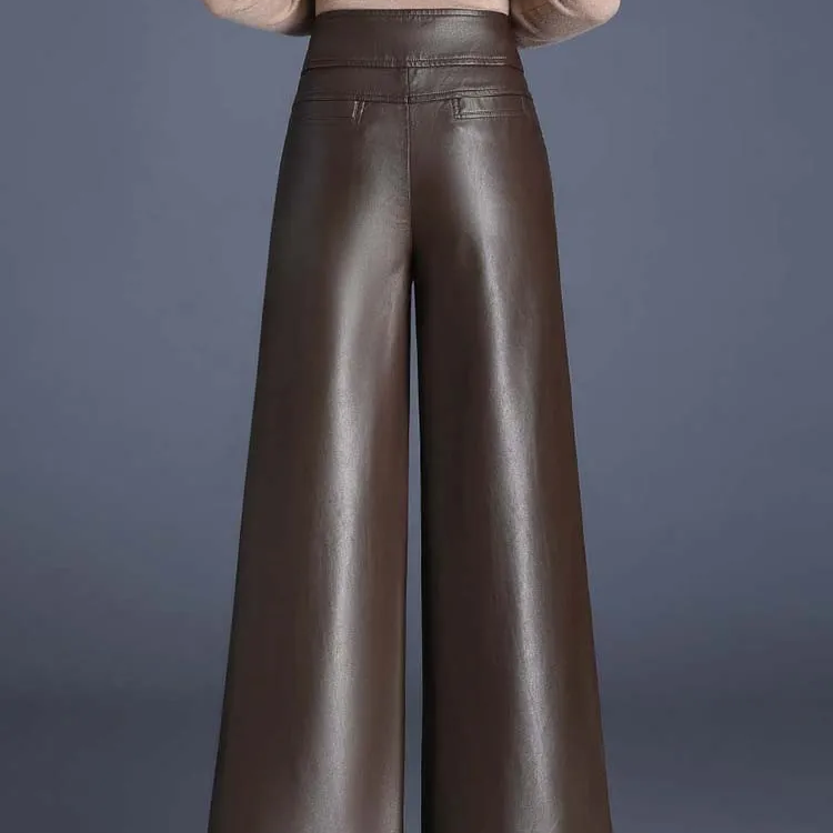 Women’s High Waist Wide Leg Faux Leather Pants – Elegant PU Leather Trousers for Autumn & Winter Casual Fashion