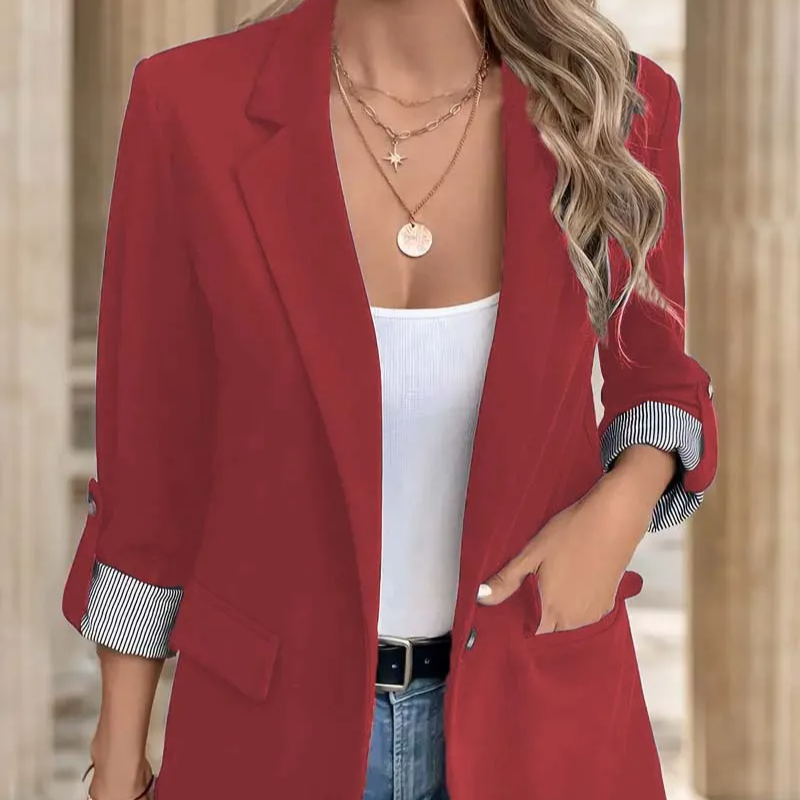 Women's Slim Fit Casual Suit Jacket – Button-Up Blazer with 3/4 Rolled Sleeves