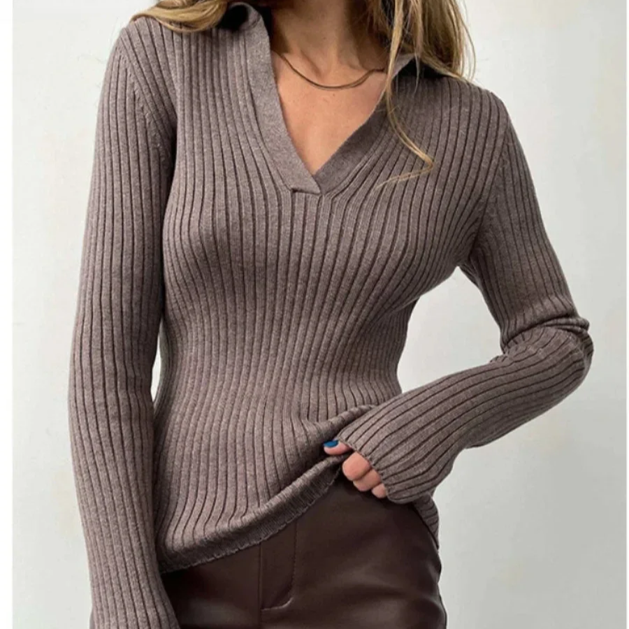 Slim Fit Polo Collar Knit Sweater for Women – Soft Ribbed Pullover Long Sleeve Autumn Winter Top