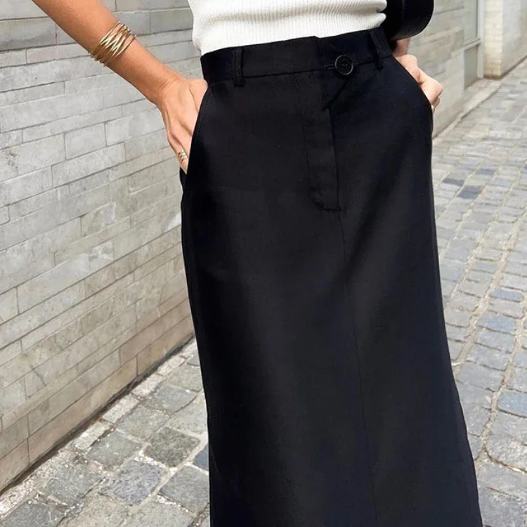 Women's Vintage High Waist Split Long Skirt – Casual Cotton Blend Buttoned Maxi for Spring and Summer