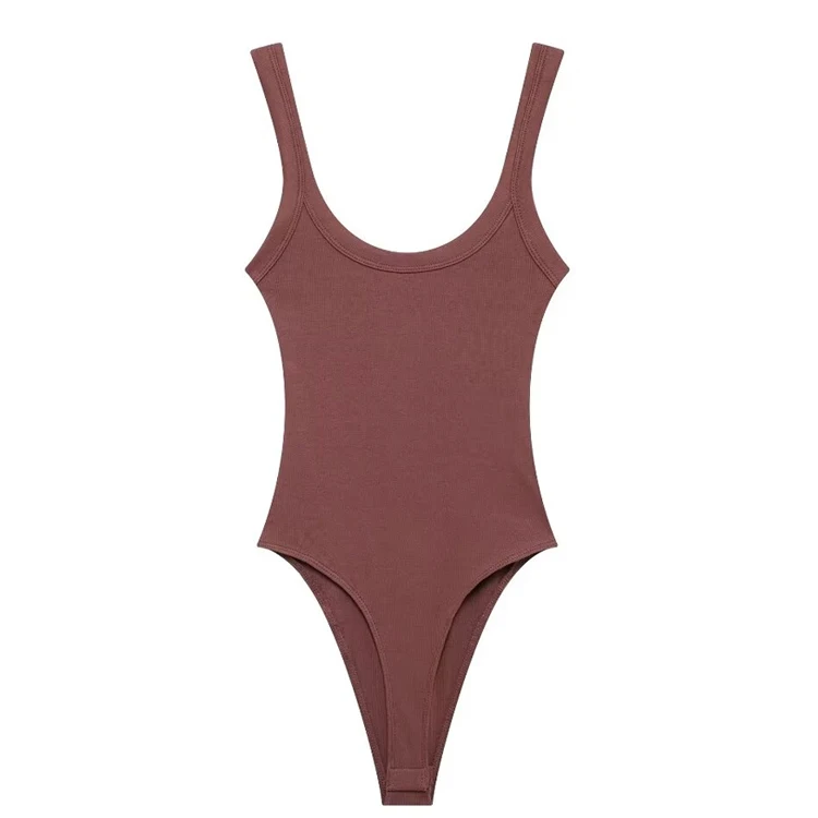 Skinny Ribbed Bodysuit for Women – O-Neck Strappy One-Piece with Snap Closure