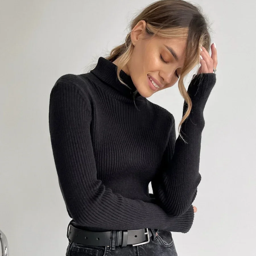 Slim Fit Turtleneck Pullover Sweater for Women – Soft Warm Knit Jumper for Autumn and Winter