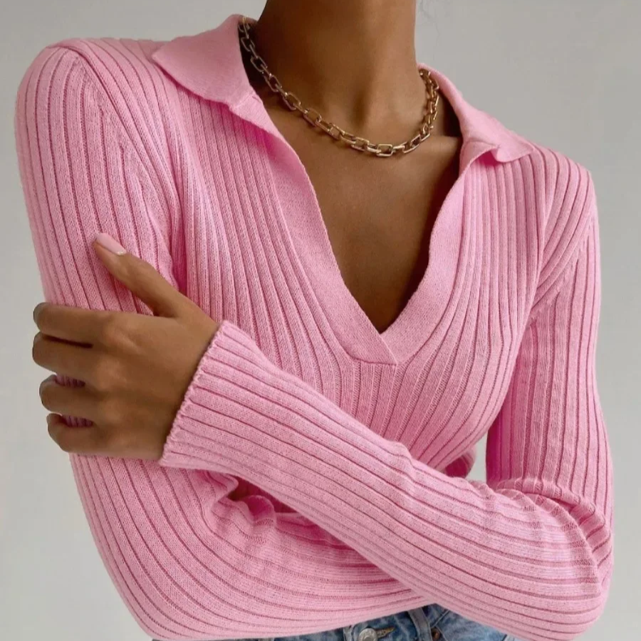 Slim Fit Polo Collar Knit Sweater for Women – Soft Ribbed Pullover Long Sleeve Autumn Winter Top