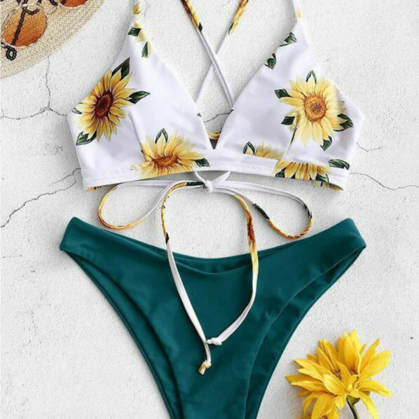 Sunflower Print Bikini Set – Sexy Push-Up Bandage Swimsuit for Women, Padded Low-Waist Biquini