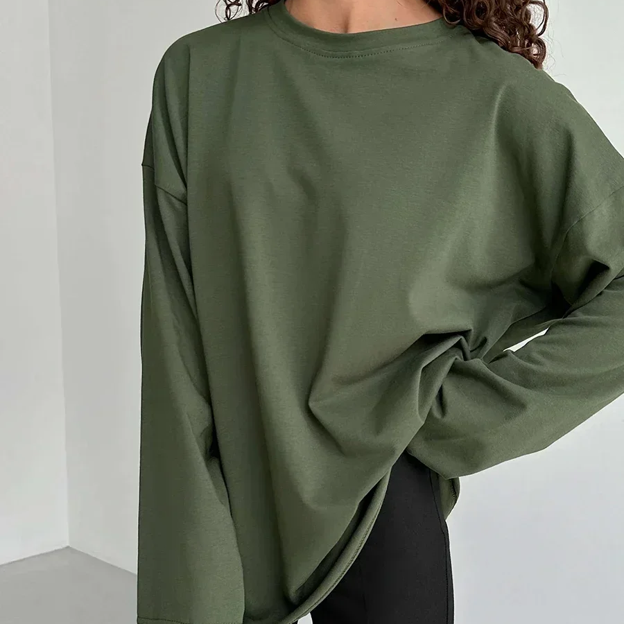 Women's Long Sleeve Cotton T-Shirt – Solid Color Casual Loose Fit Basic Top