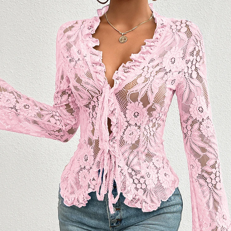Women's Sheer Lace Long Sleeve V-Neck Blouse – Summer Sexy See-through Top with Flare Sleeves