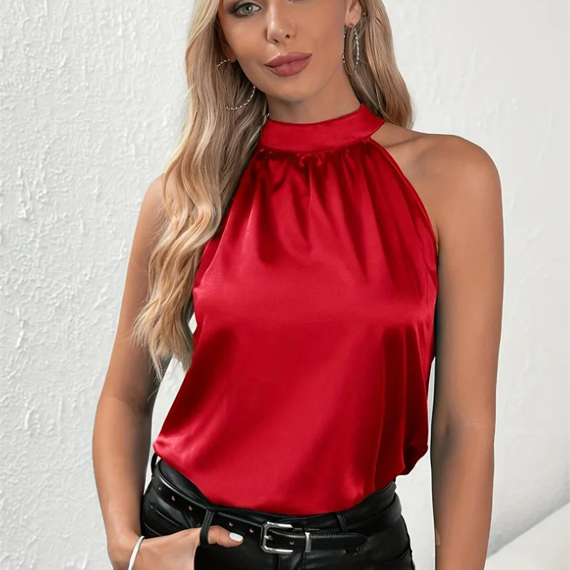 Women's Casual Sleeveless Satin Halter Blouse – Solid Color Summer Top with Regular Fit