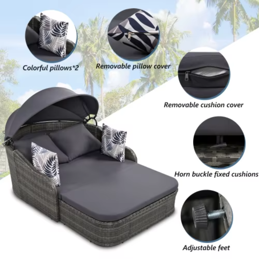 79.9-Inch Outdoor Double Rattan Sunbed with Adjustable Canopy – Navy Blue Cushions and PE Wicker Design for Garden or Poolside