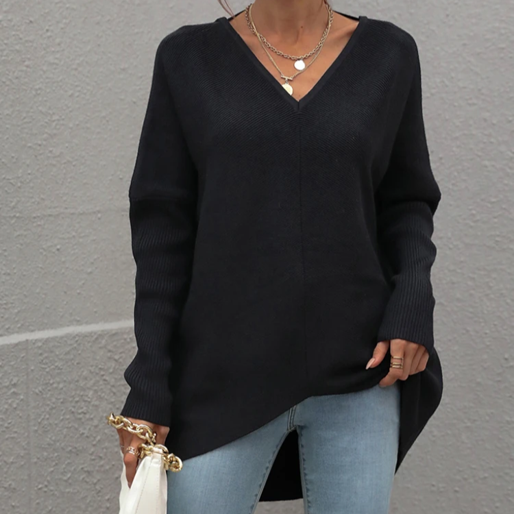 Women's V-Neck Knit Pullover – Loose-Fit Solid Sweater for Autumn and Winter