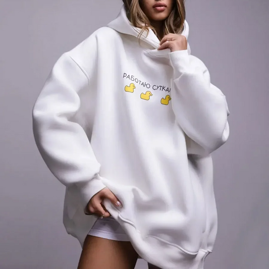 Women's Oversized Hoodie with Three Duck Print – Warm Fleece Pullover for Autumn and Winter