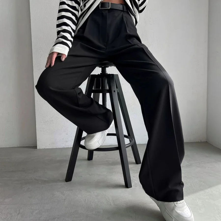 Women's High Waist Wide Leg Office Trousers – Pleated Full-Length Pants with Pockets for Work and Casual Wear