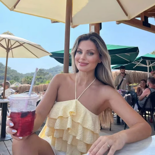 Summer Women's Yellow Textured Ruffle Halter Crop Top with Streamers