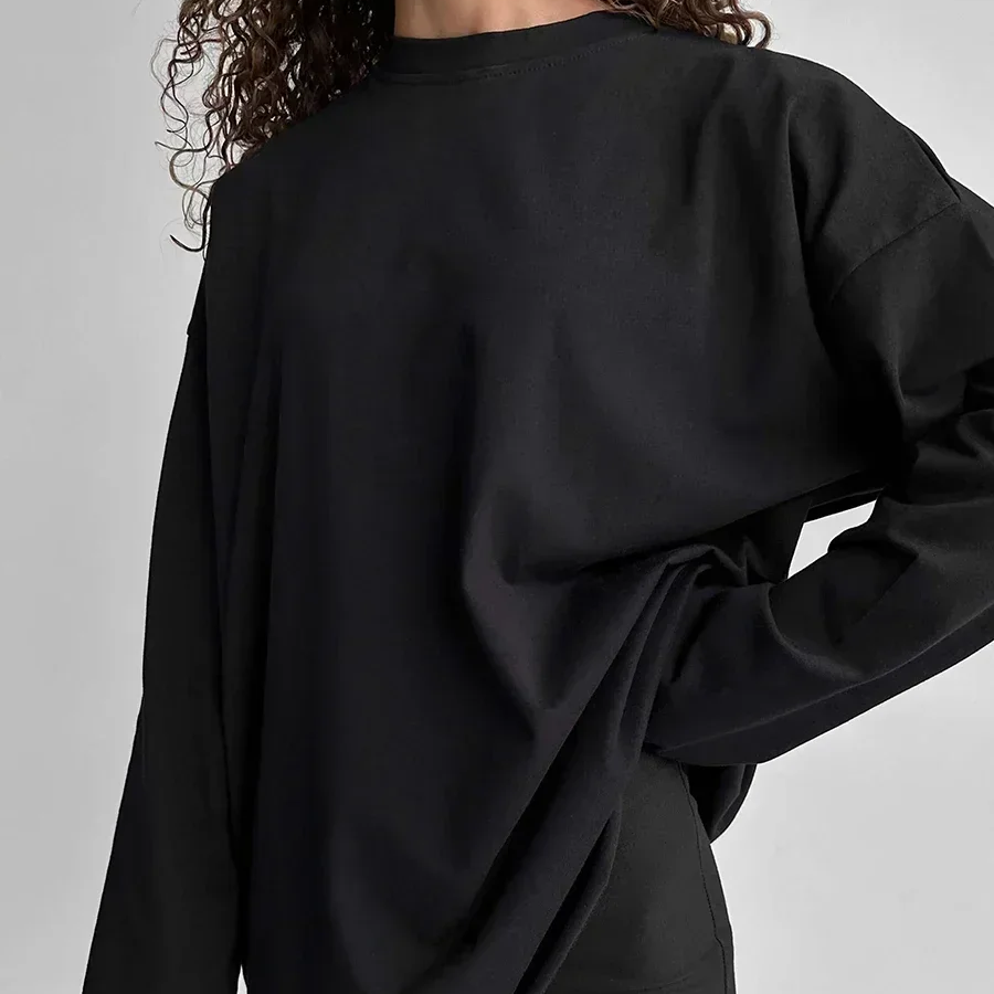 Women's Long Sleeve Cotton T-Shirt – Solid Color Casual Loose Fit Basic Top