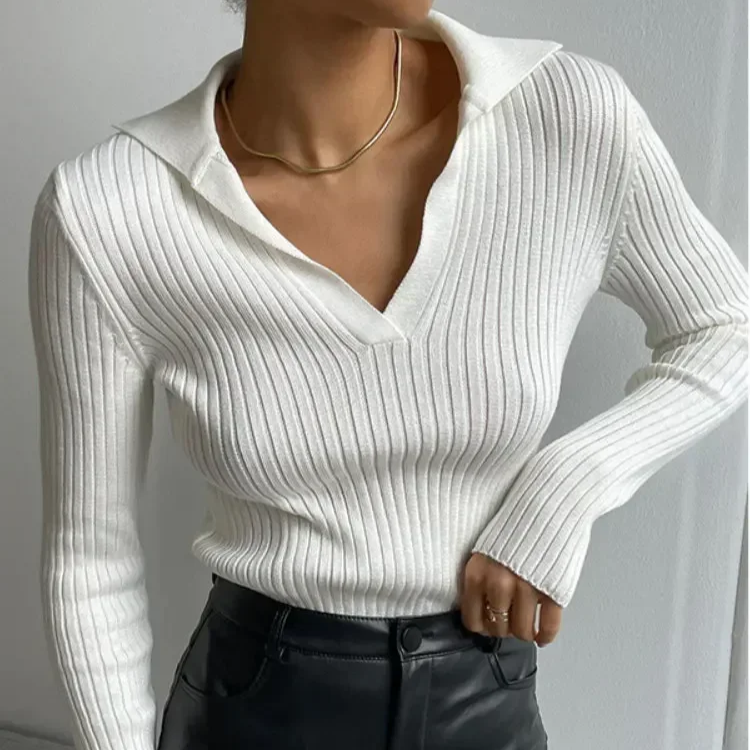 Slim Fit Polo Collar Knit Sweater for Women – Soft Ribbed Pullover Long Sleeve Autumn Winter Top