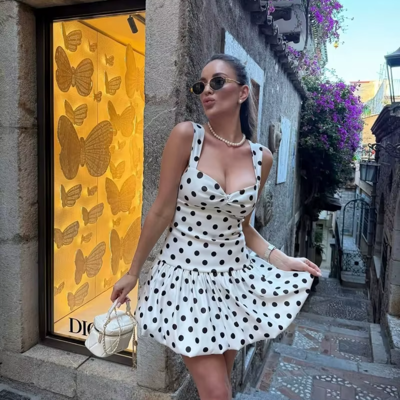Women's Polka Dot Balloon Hem Mini Dress – Sleeveless Sweetheart Neck Beach Style Summer Sundress