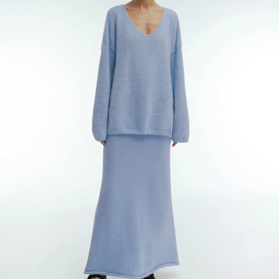 Women's Knitted V-Neck Sweater and Skirt Set – 2-Piece Warm Casual Outfit, Autumn Winter Pullover & Ankle-Length Skirt