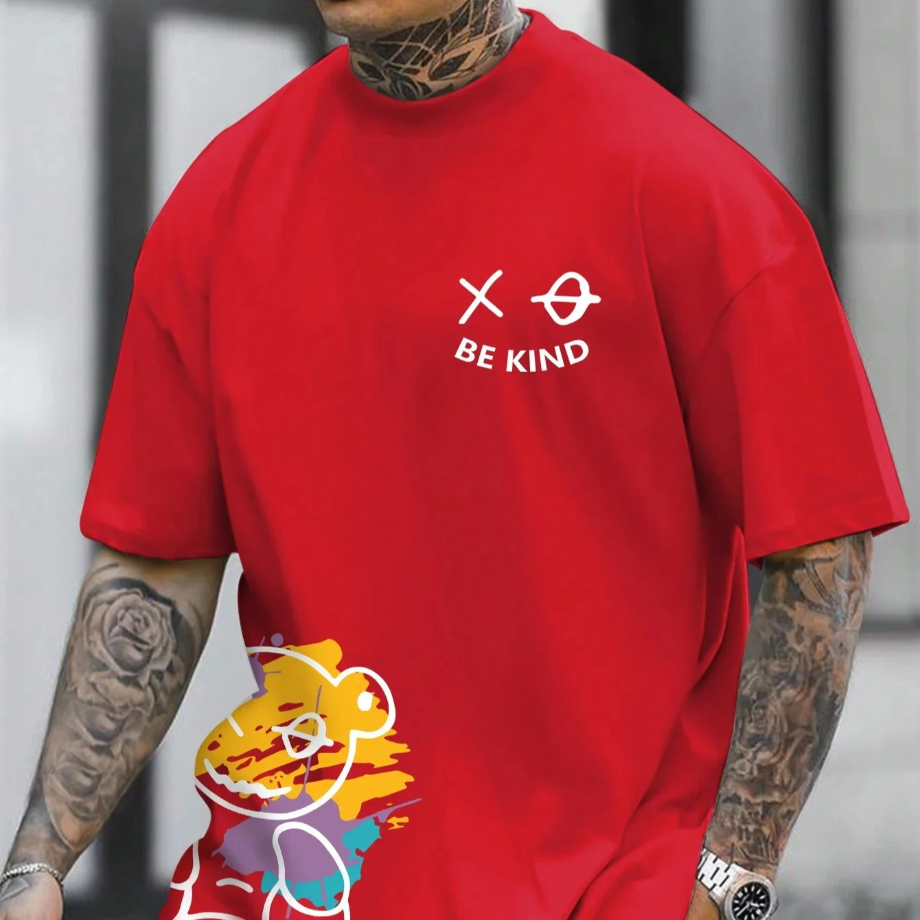 BE KIND Letter Cartoon Print Cotton T-Shirt – Men's Loose Fit Summer Short Sleeve Casual Tee