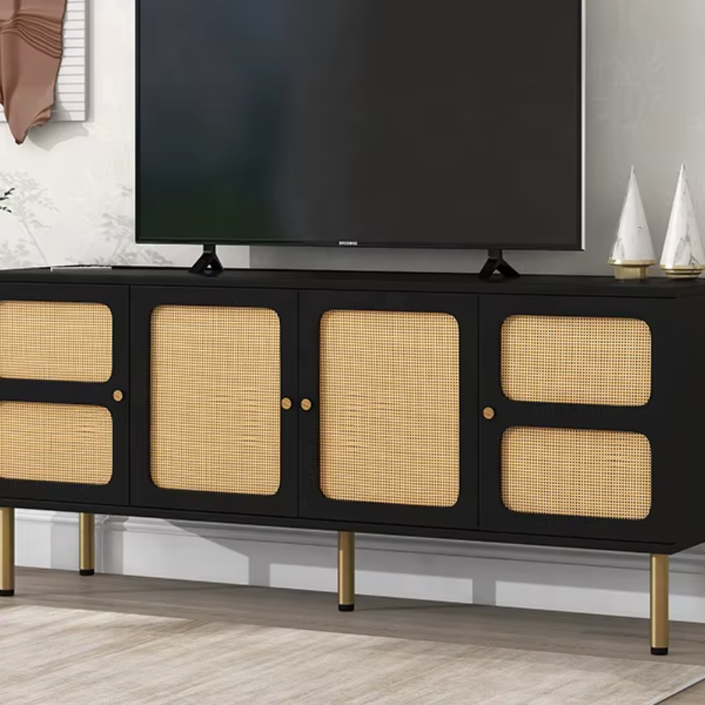 Boho Style Rattan Door TV Stand – Rectangular Modern Cabinet for Living Room or Apartment
