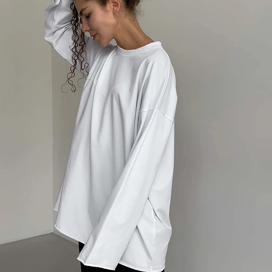 Women's Long Sleeve Cotton T-Shirt – Solid Color Casual Loose Fit Basic Top